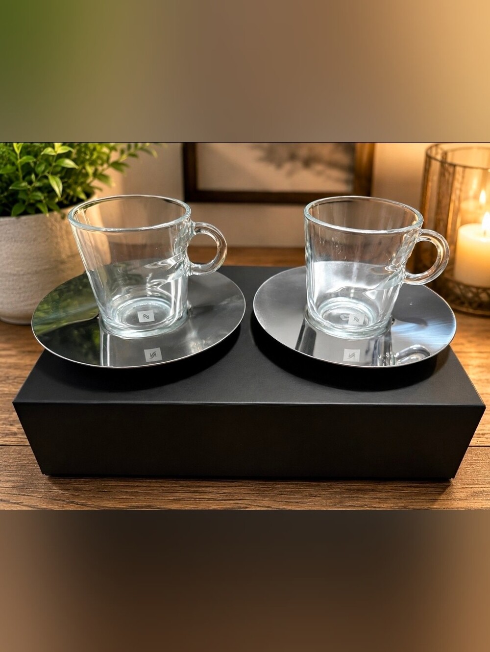 Nespresso Clear Glass Espresso Cup Set with Silver Saucers